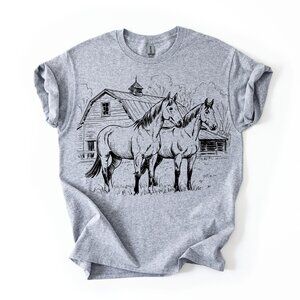 Women's Horse T-Shirt Barn Farm Graphic Tee Equestrian Lover Gift Grey Western